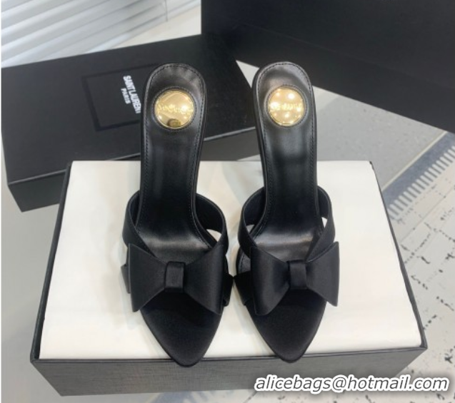 Stylish Saint Laurent Silk High Heel Slides Sandal 10.5cm with Bow Black 50604079