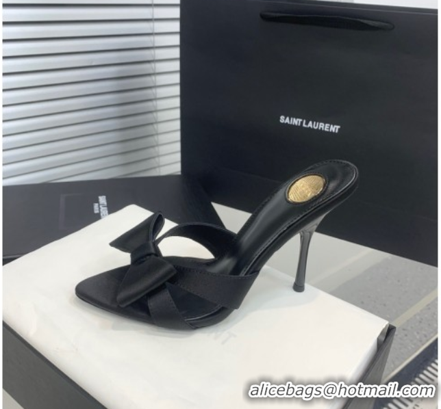Stylish Saint Laurent Silk High Heel Slides Sandal 10.5cm with Bow Black 50604079