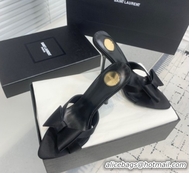 Stylish Saint Laurent Silk High Heel Slides Sandal 10.5cm with Bow Black 50604079