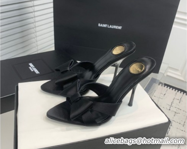 Stylish Saint Laurent Silk High Heel Slides Sandal 10.5cm with Bow Black 50604079