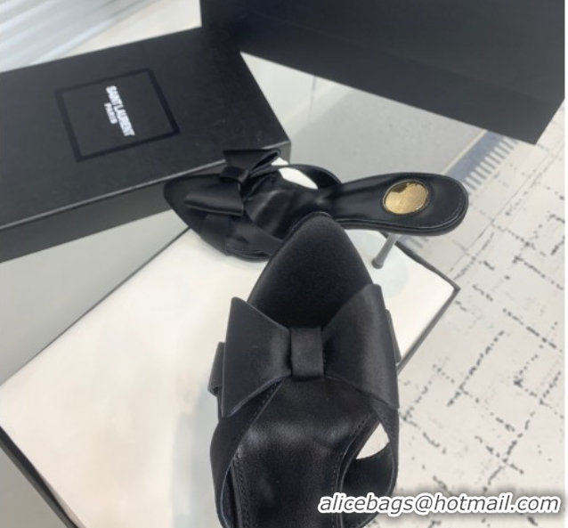 Stylish Saint Laurent Silk High Heel Slides Sandal 10.5cm with Bow Black 50604079