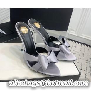 Good Looking Saint Laurent Silk High Heel Slides Sandal 10.5cm with Bow Grey 50604080