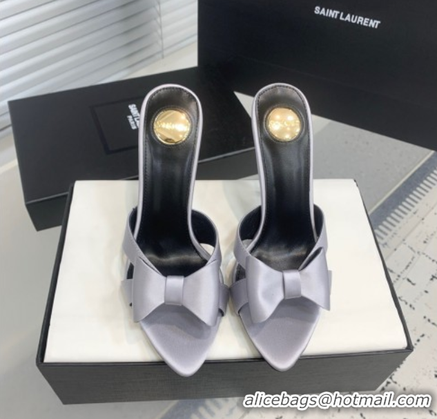 Good Looking Saint Laurent Silk High Heel Slides Sandal 10.5cm with Bow Grey 50604080