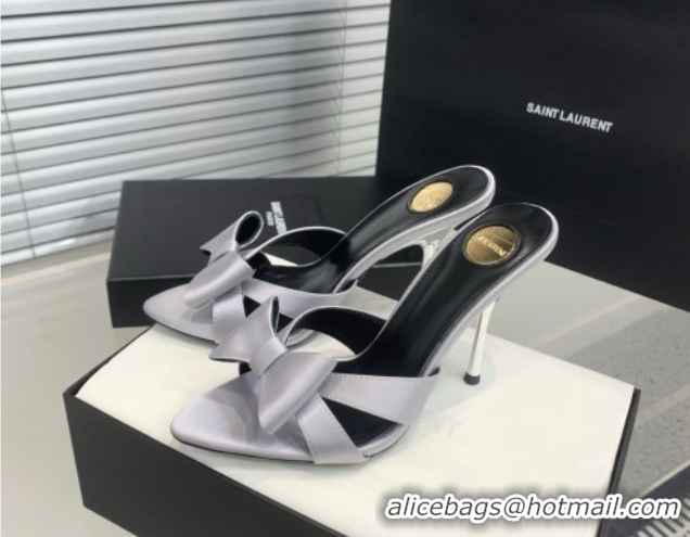 Good Looking Saint Laurent Silk High Heel Slides Sandal 10.5cm with Bow Grey 50604080