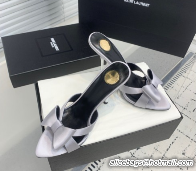 Good Looking Saint Laurent Silk High Heel Slides Sandal 10.5cm with Bow Grey 50604080