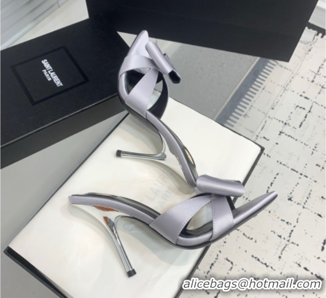 Good Looking Saint Laurent Silk High Heel Slides Sandal 10.5cm with Bow Grey 50604080