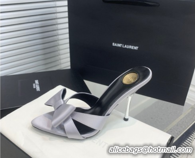 Good Looking Saint Laurent Silk High Heel Slides Sandal 10.5cm with Bow Grey 50604080