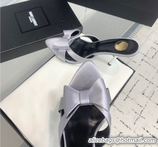 Good Looking Saint Laurent Silk High Heel Slides Sandal 10.5cm with Bow Grey 50604080