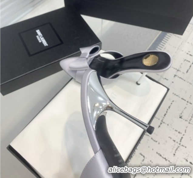 Good Looking Saint Laurent Silk High Heel Slides Sandal 10.5cm with Bow Grey 50604080