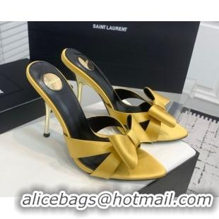 Low Price Saint Laurent Silk High Heel Slides Sandal 10.5cm with Bow Yellow 50604081