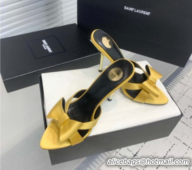 Low Price Saint Laurent Silk High Heel Slides Sandal 10.5cm with Bow Yellow 50604081