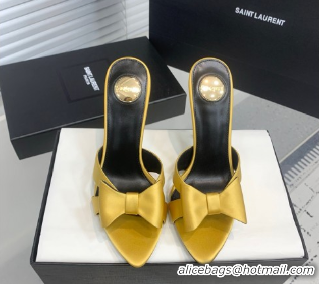 Low Price Saint Laurent Silk High Heel Slides Sandal 10.5cm with Bow Yellow 50604081