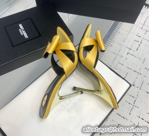 Low Price Saint Laurent Silk High Heel Slides Sandal 10.5cm with Bow Yellow 50604081