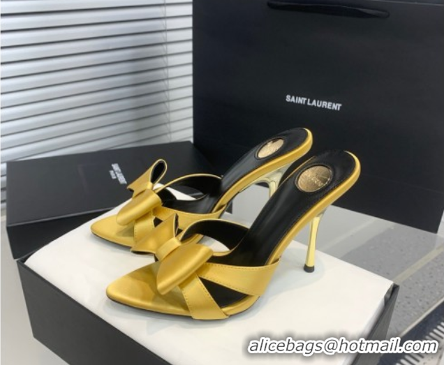 Low Price Saint Laurent Silk High Heel Slides Sandal 10.5cm with Bow Yellow 50604081