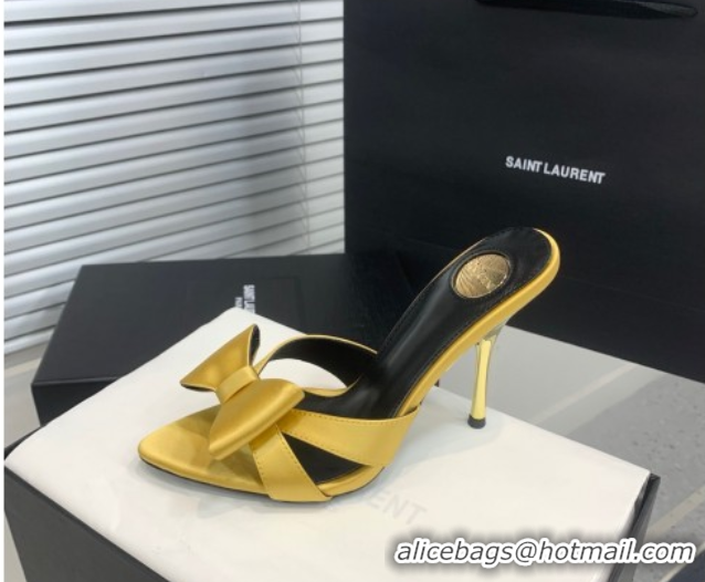 Low Price Saint Laurent Silk High Heel Slides Sandal 10.5cm with Bow Yellow 50604081