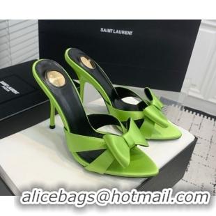 Top Design Saint Laurent Silk High Heel Slides Sandal 10.5cm with Bow Green 50604082