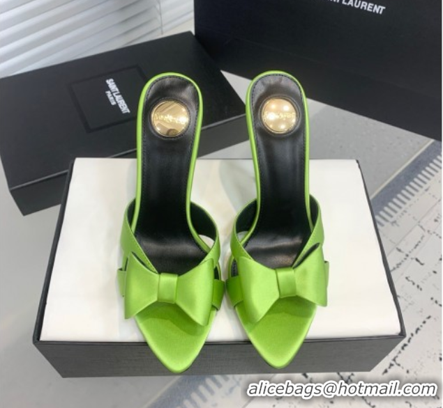 Top Design Saint Laurent Silk High Heel Slides Sandal 10.5cm with Bow Green 50604082