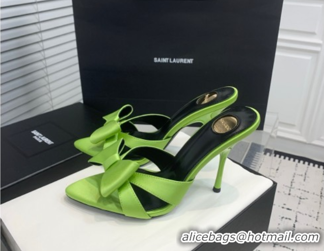 Top Design Saint Laurent Silk High Heel Slides Sandal 10.5cm with Bow Green 50604082