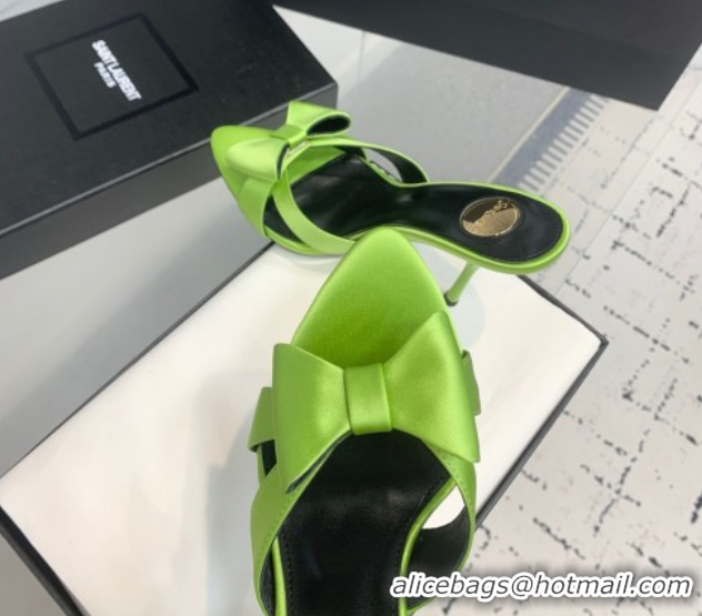 Top Design Saint Laurent Silk High Heel Slides Sandal 10.5cm with Bow Green 50604082