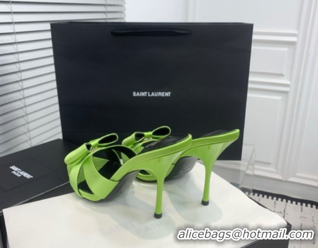 Top Design Saint Laurent Silk High Heel Slides Sandal 10.5cm with Bow Green 50604082