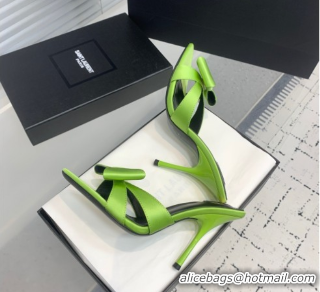 Top Design Saint Laurent Silk High Heel Slides Sandal 10.5cm with Bow Green 50604082