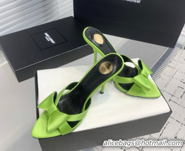Top Design Saint Laurent Silk High Heel Slides Sandal 10.5cm with Bow Green 50604082