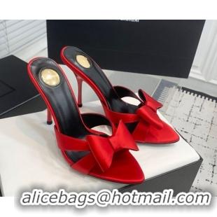 Luxury Cheap Saint Laurent Silk High Heel Slides Sandal 10.5cm with Bow Red 50604083