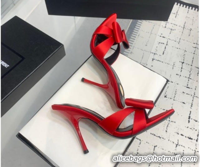 Luxury Cheap Saint Laurent Silk High Heel Slides Sandal 10.5cm with Bow Red 50604083