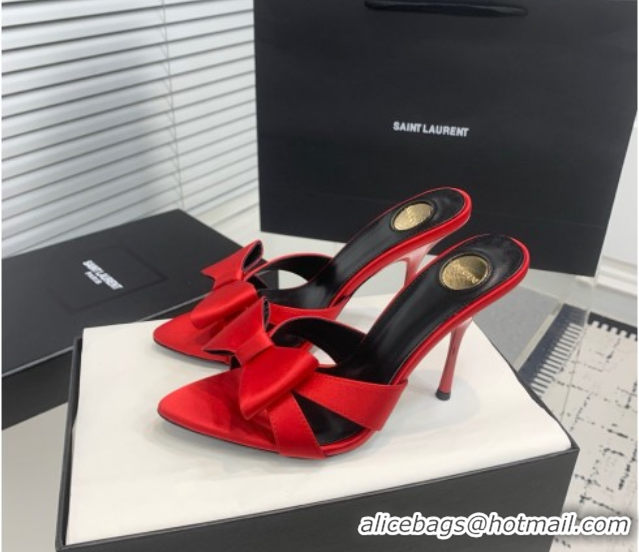 Luxury Cheap Saint Laurent Silk High Heel Slides Sandal 10.5cm with Bow Red 50604083