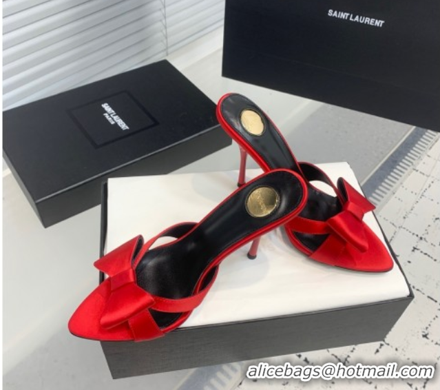 Luxury Cheap Saint Laurent Silk High Heel Slides Sandal 10.5cm with Bow Red 50604083