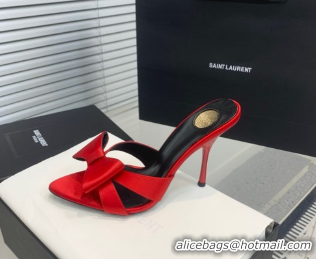 Luxury Cheap Saint Laurent Silk High Heel Slides Sandal 10.5cm with Bow Red 50604083