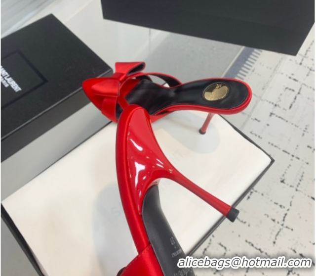 Luxury Cheap Saint Laurent Silk High Heel Slides Sandal 10.5cm with Bow Red 50604083