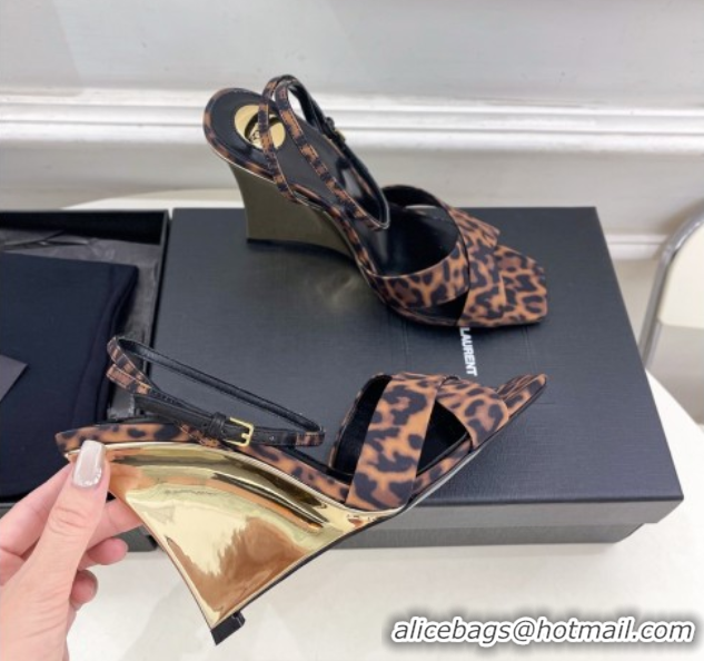 Best Grade Saint Laurent Lucienne Printed Fabric Wedge Sandals 10.5cm Brown 50604084