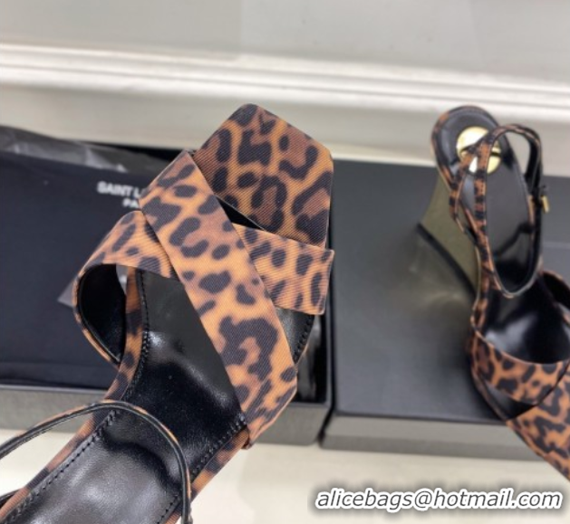 Best Grade Saint Laurent Lucienne Printed Fabric Wedge Sandals 10.5cm Brown 50604084