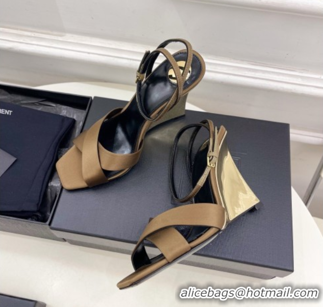 Big Discount Saint Laurent Lucienne Silk Wedge Sandals 10.5cm Khaki 50604085