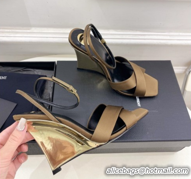 Big Discount Saint Laurent Lucienne Silk Wedge Sandals 10.5cm Khaki 50604085