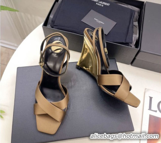 Big Discount Saint Laurent Lucienne Silk Wedge Sandals 10.5cm Khaki 50604085