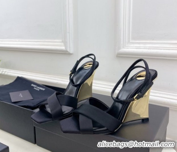 Durable Saint Laurent Lucienne Silk Wedge Sandals 10.5cm Black 50604087
