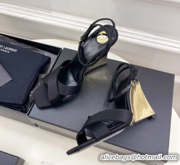 Durable Saint Laurent Lucienne Silk Wedge Sandals 10.5cm Black 50604087