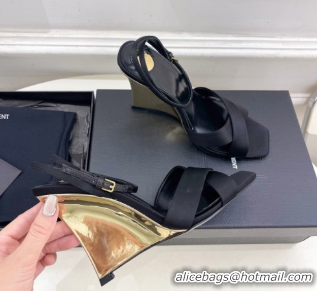 Durable Saint Laurent Lucienne Silk Wedge Sandals 10.5cm Black 50604087
