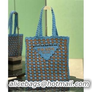 Buy Classic Prada Crochet tote bag Celeste 1BG393 Blue /Caramel Brown 2025