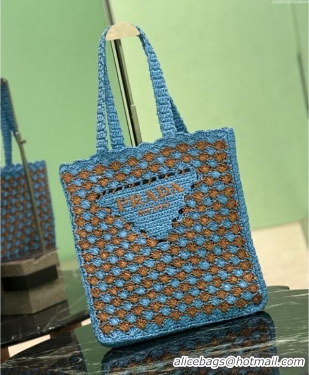 Buy Classic Prada Crochet tote bag Celeste 1BG393 Blue /Caramel Brown 2025