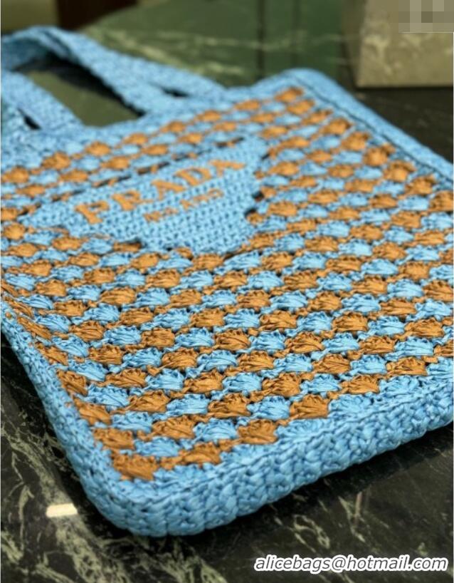 Buy Classic Prada Crochet tote bag Celeste 1BG393 Blue /Caramel Brown 2025
