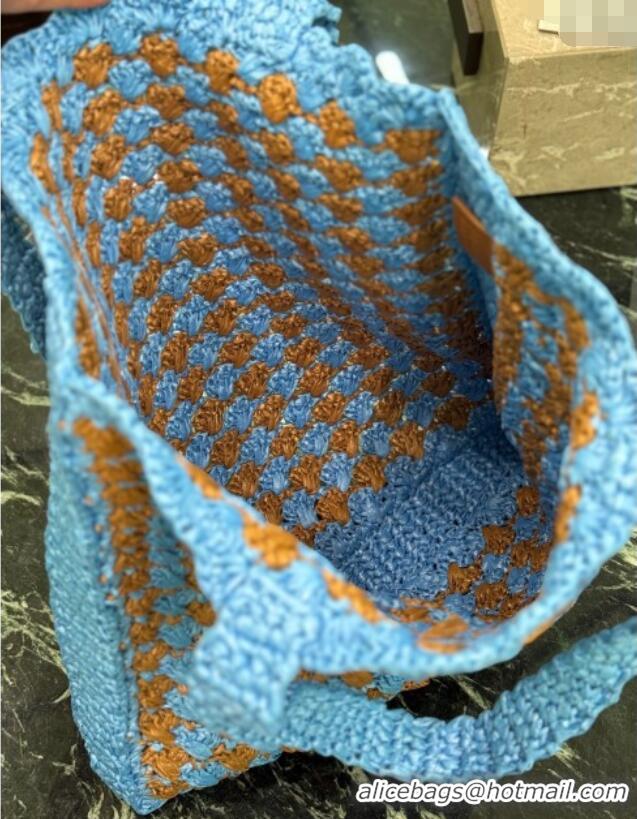 Buy Classic Prada Crochet tote bag Celeste 1BG393 Blue /Caramel Brown 2025