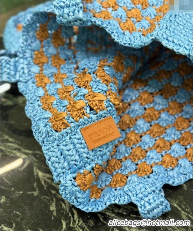 Buy Classic Prada Crochet tote bag Celeste 1BG393 Blue /Caramel Brown 2025