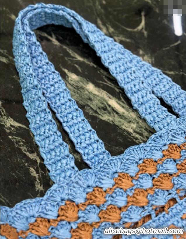 Buy Classic Prada Crochet tote bag Celeste 1BG393 Blue /Caramel Brown 2025