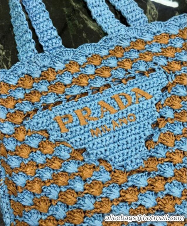 Buy Classic Prada Crochet tote bag Celeste 1BG393 Blue /Caramel Brown 2025