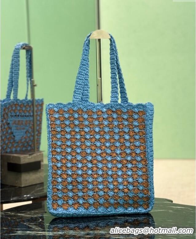 Buy Classic Prada Crochet tote bag Celeste 1BG393 Blue /Caramel Brown 2025