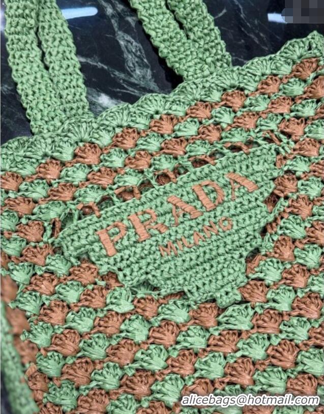 Cheapest Prada Crochet tote bag 1BG393 Lawn Green/Caramel Brown 2025