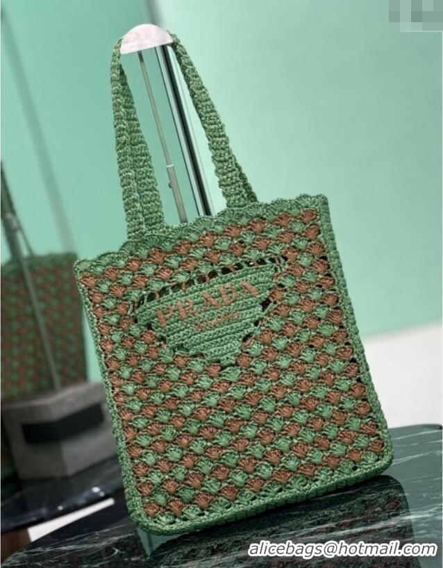 Cheapest Prada Crochet tote bag 1BG393 Lawn Green/Caramel Brown 2025